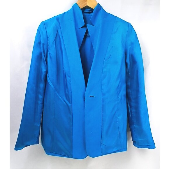 Tahari Arthur S. Levine Blue Bright One Button Closure Linen Blend Blazer EUC - Picture 7 of 8